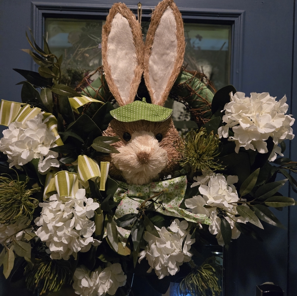Charming Bunny Wreath with White and Green Accents